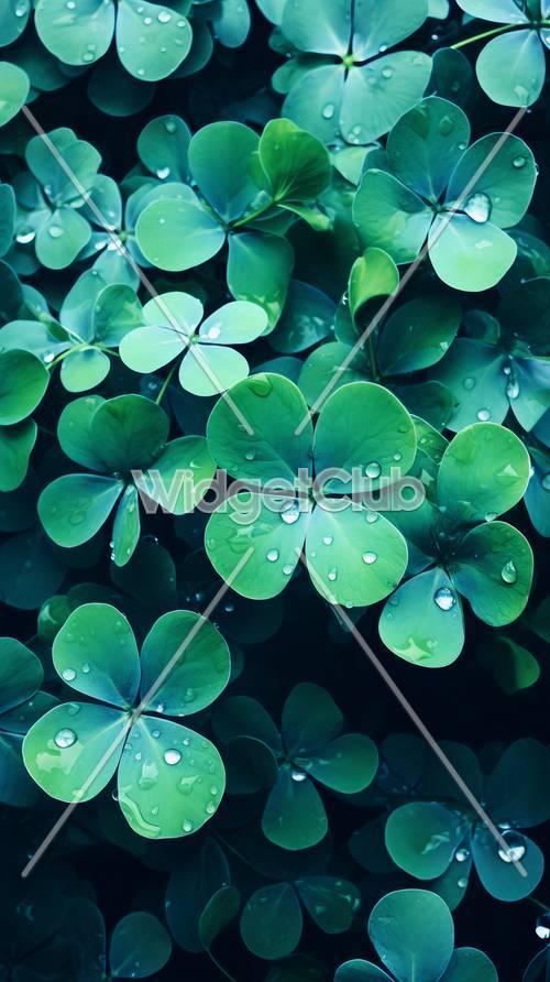 이슬 방울이 있는 녹색 클로버 잎