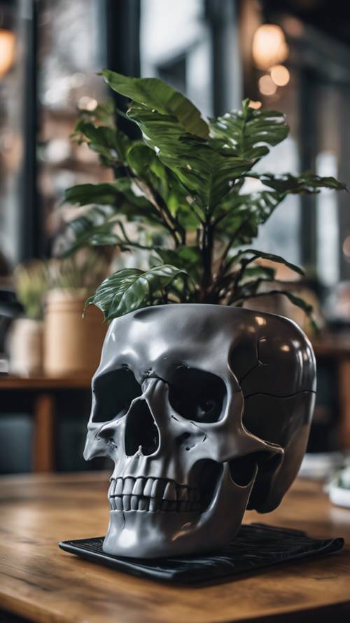 時尚咖啡店的邊桌，灰色骷髏花盆裡種著一株植物。