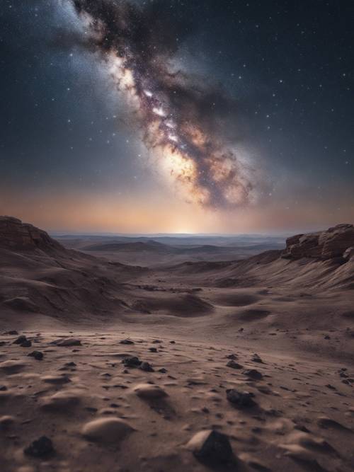 A panoramic view of the Milky Way visible from a desolate moon landscape.