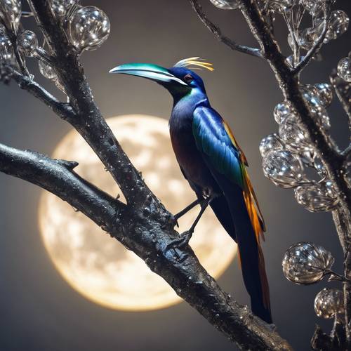 一隻精緻的天堂鳥棲息在銀樹的樹枝上，在月光下展示著鑲滿寶石的翅膀。