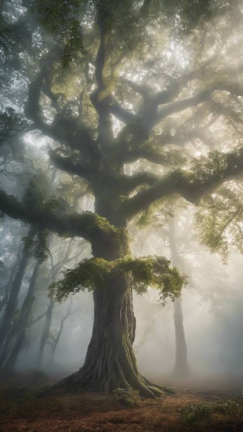 Uma imagem mística de uma floresta envolta em névoa, com &#39;Olhe para uma árvore, uma flor, uma planta. Deixe sua consciência repousar sobre ela&#39; sutilmente compondo o tronco de uma grande árvore.