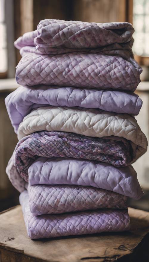 A stack of folded lavender plaid quilts in a rustic farm house