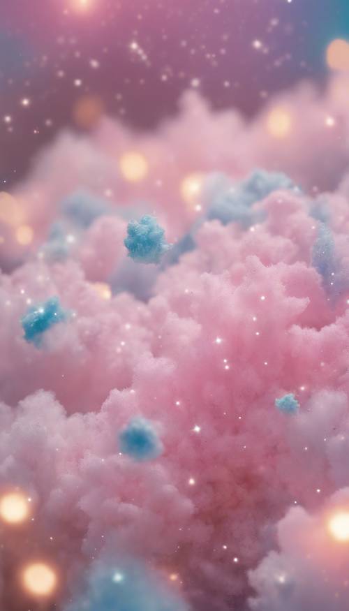 Bintang-bintang berwarna pastel berkelap-kelip terang di atas nebula permen kapas.