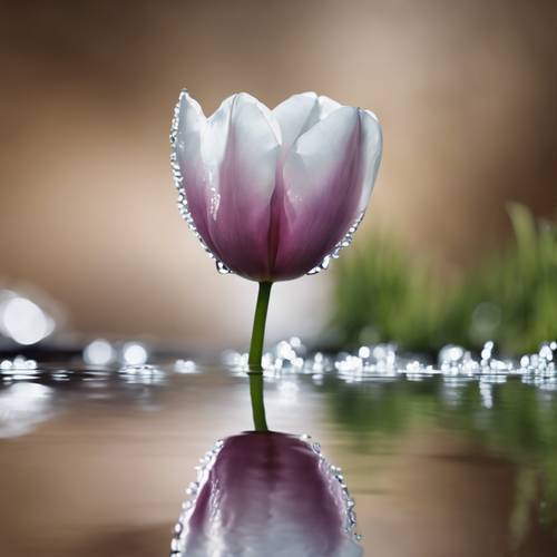 Eine kreative Aufnahme einer Tulpe, die sich in einer stillen Wasseroberfläche spiegelt.