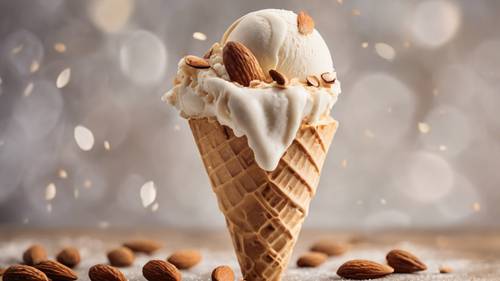 An almond flavored ice cream cone with almond flakes on top.