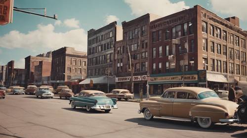 A vintage cityscape of Michigan’s Detroit city in the 1950s.