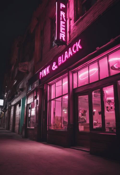 A neon sign saying 'Pink and Black Forever' in a bar at night.