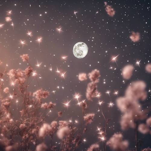 Ein entzückender Mond, der errötet, während Sternschnuppen an ihm vorbeihuschen.