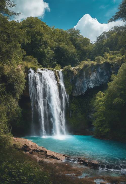 A pristine waterfall with iridescent blue clouds forming a picturesque backdrop.