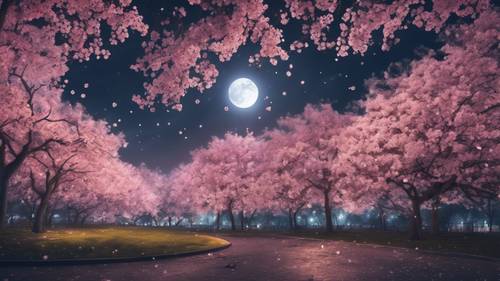 Un parco pieno di fiori di ciliegio e una luna brillante sospesa bassa nel suggestivo cielo notturno.