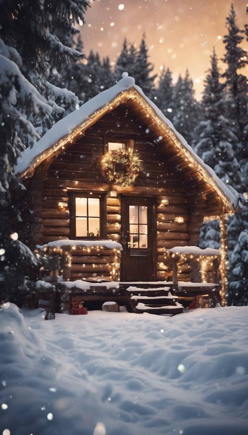 Kabin kayu coklat yang nyaman di hutan bersalju, diterangi dengan lampu terang dari pohon Natal di dalamnya.