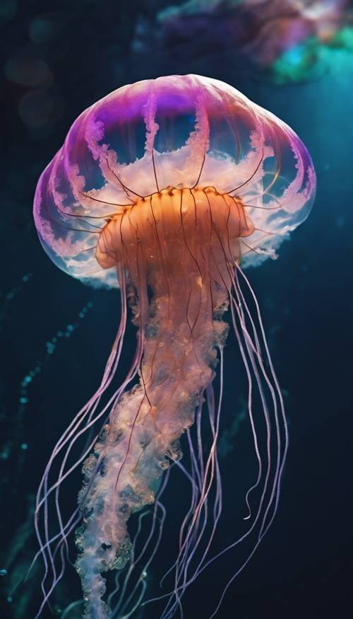 A mesmerizing jellyfish drifting in the deep sea, radiating a luminescent, multicolored aura.