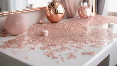 Rose gold glitter scattered on a white dressing table