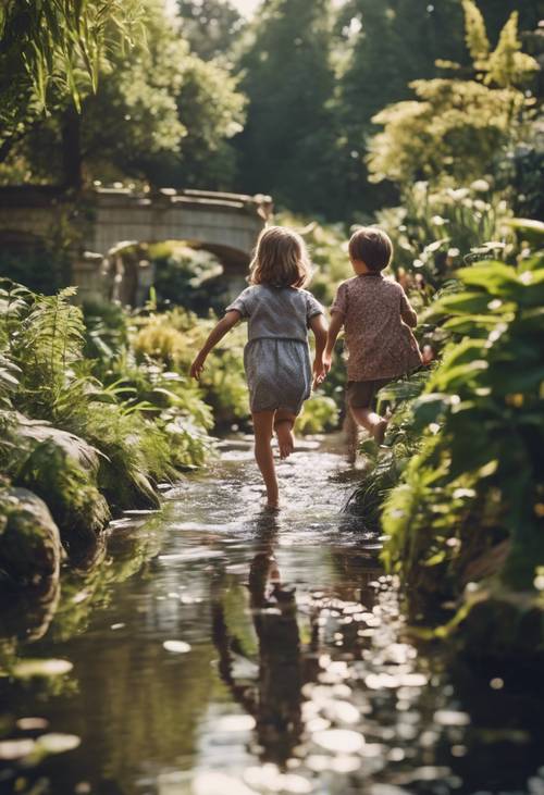 孩子們沿著流經適合家庭的植物園的小溪互相追逐