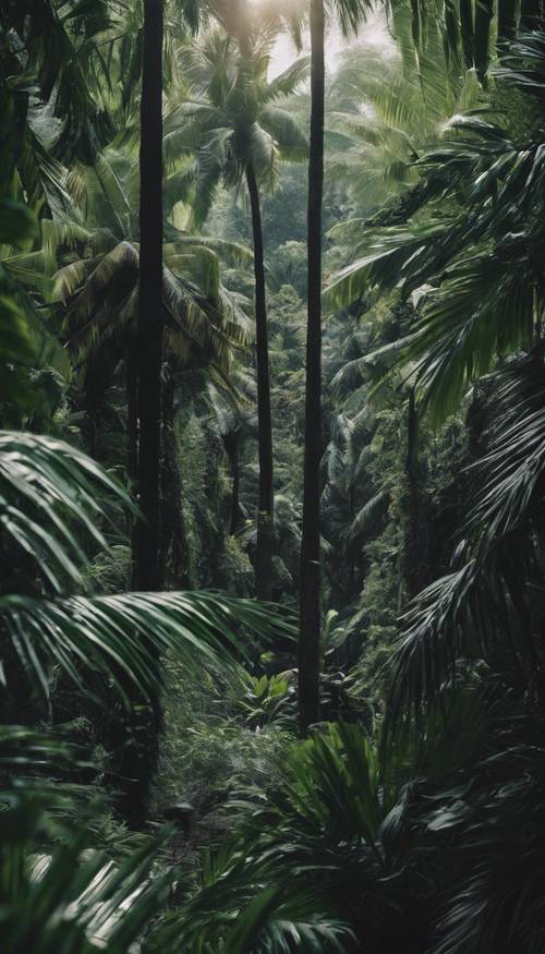 An exotic portrait of a tropical rainforest, the dense foliage dominated by prominent black palm trees.