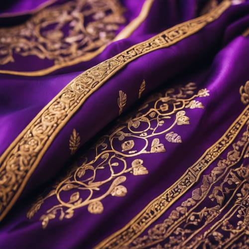 一件鲜艳的深紫色丝绸皇家长袍，边缘有金色针脚。