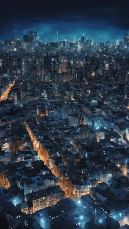 An abstract collage of night cityscape painted in shades of dark blue.