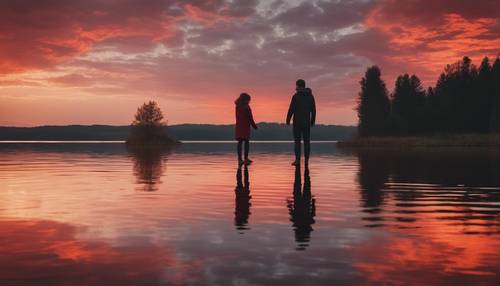 잔잔한 호수 위로 짙은 붉은 노을을 바라보며 손을 잡고 있는 커플, 잔잔한 물에 반사된 불타오르는 구체.