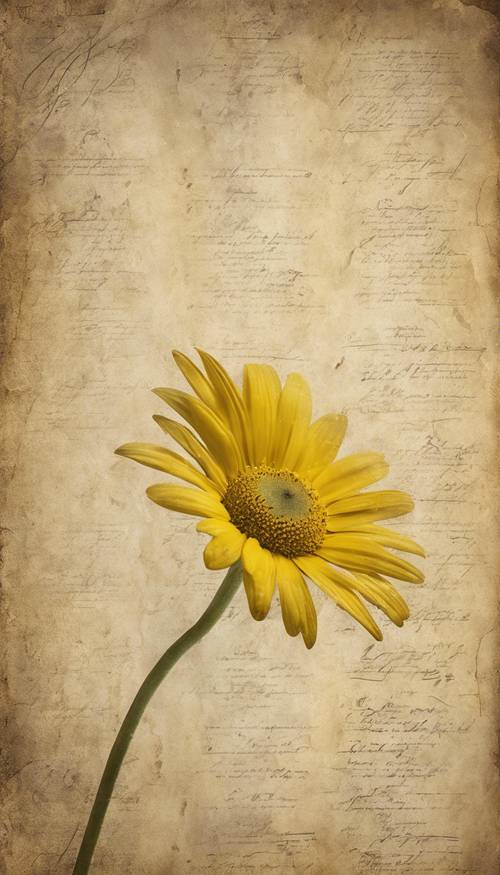 Ein gelbes Gänseblümchen, gedruckt auf altem Pergamentpapier, das ein Vintage-Gefühl erzeugt.