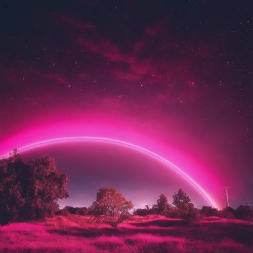 Яркая неоново-розовая радуга, светящаяся на фоне ночного неба.
