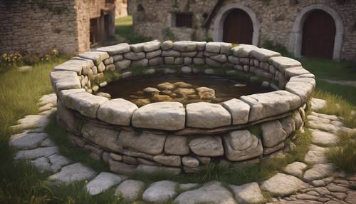 Một cái giếng bằng đá hình tròn nằm ở trung tâm của một ngôi làng thời trung cổ.