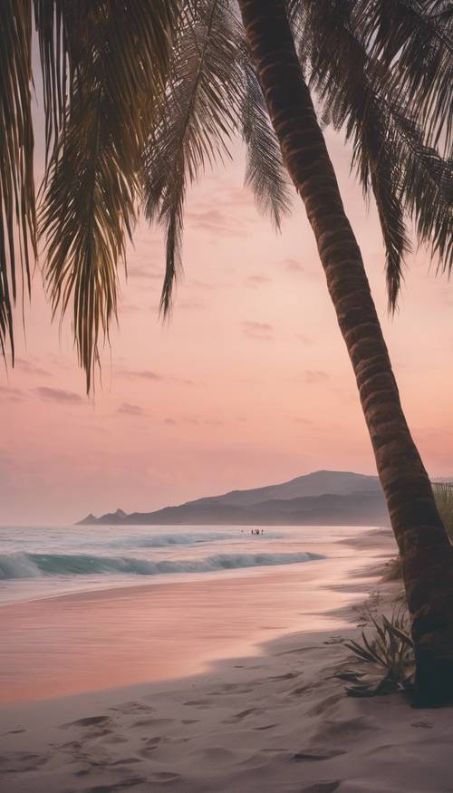 Gökyüzündeki sıcak pastel ombre renkleriyle huzurlu bir plaj manzarası.