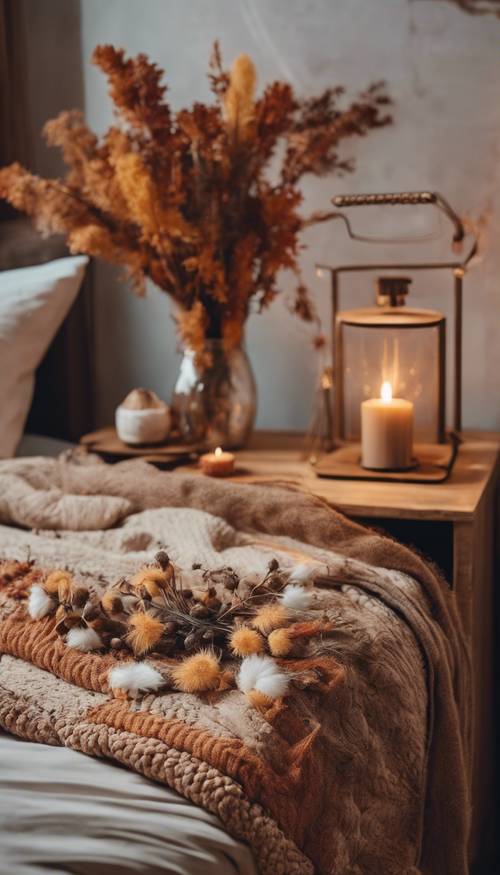 Una camera da letto in stile boho con luci calde, un letto coperto da una coperta lavorata a maglia nei colori autunnali e fiori autunnali secchi sul comodino.