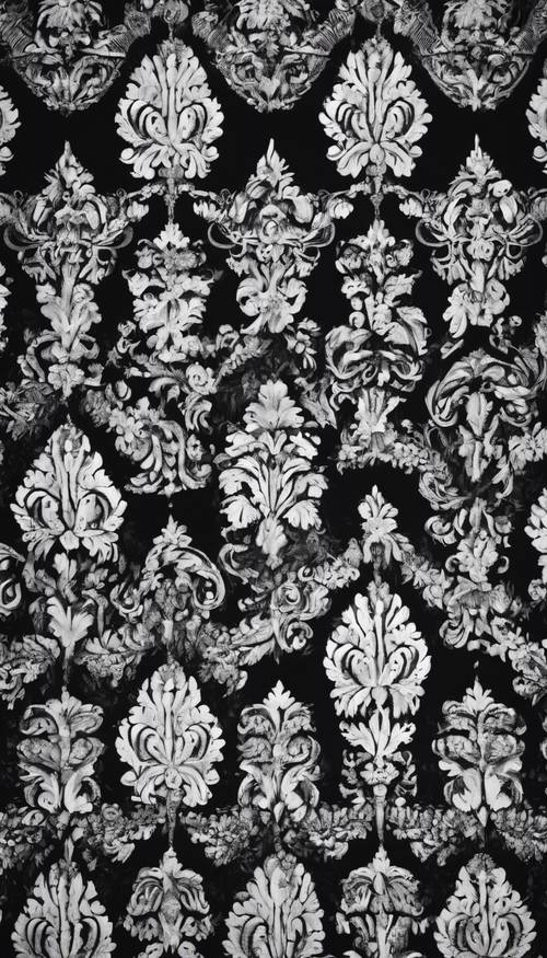 A close view of a modern damask fabric texture in an intricate black and white pattern.