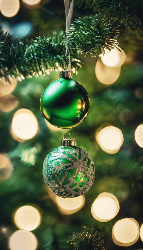 A close-up of a green Christmas ornament reflecting the twinkling lights of the tree. Tapet [de6c68b9f5244e53afe7]