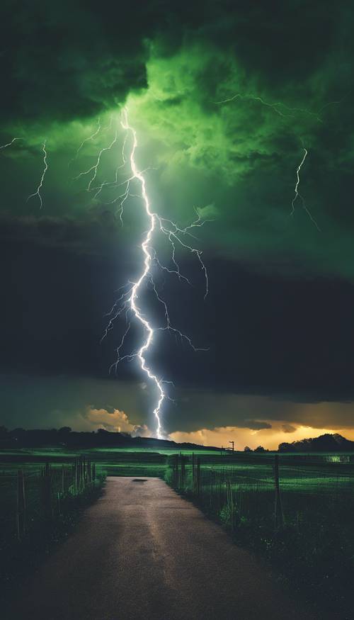A bright green lightning bolt splits the stormy night sky. Tapeta [bb7c9200096840c3a454]