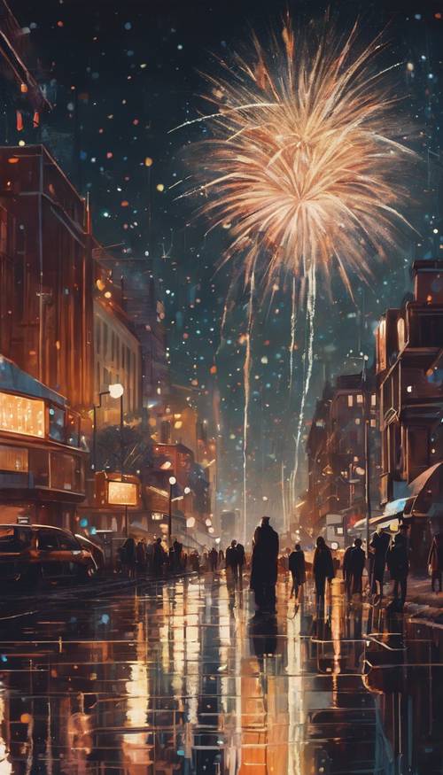 A stylized aesthetic painting of an urban New Year's Eve firework display reflecting over the city.