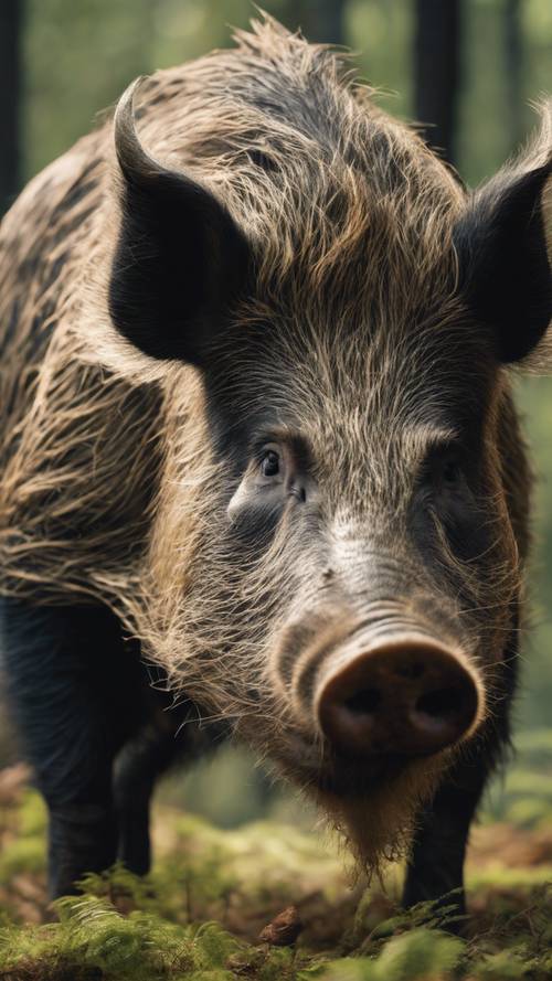 תקריב מפורט של מרקם גס וזיף של חזיר מזדקן, עם רקע של עלוות יער.