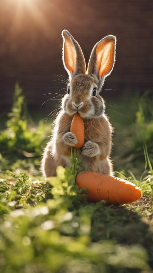 Một chú thỏ con đang gặm củ cà rốt tươi dưới ánh nắng chiều ấm áp.