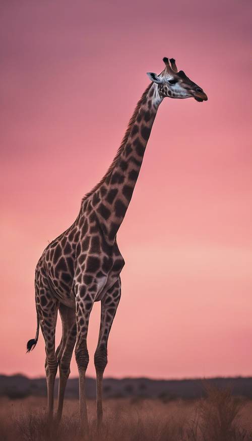Eine majestätische, einsame Giraffe erhebt sich hoch vor einem dunkelrosa Himmel in der Serengeti.