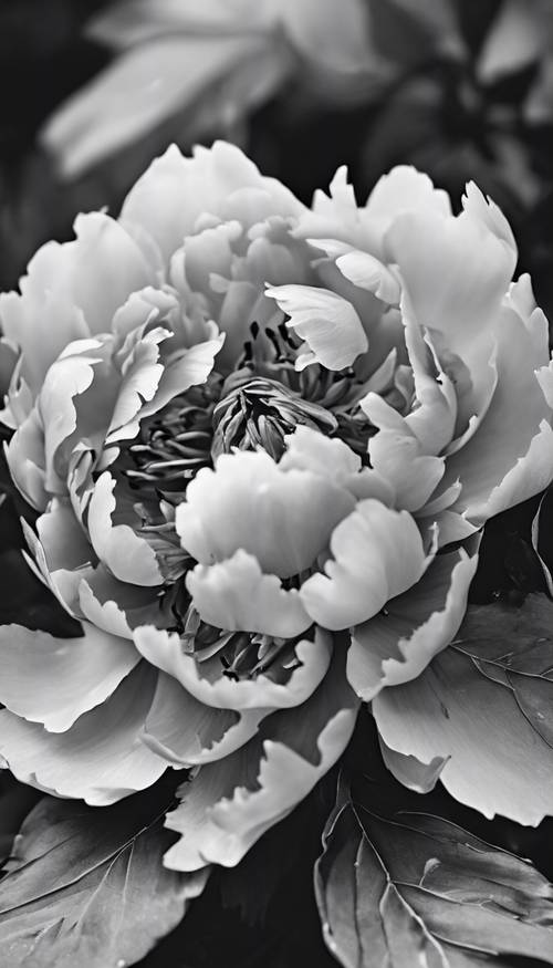 A close-up shot of a black and white peony surrounded by dark leaves.