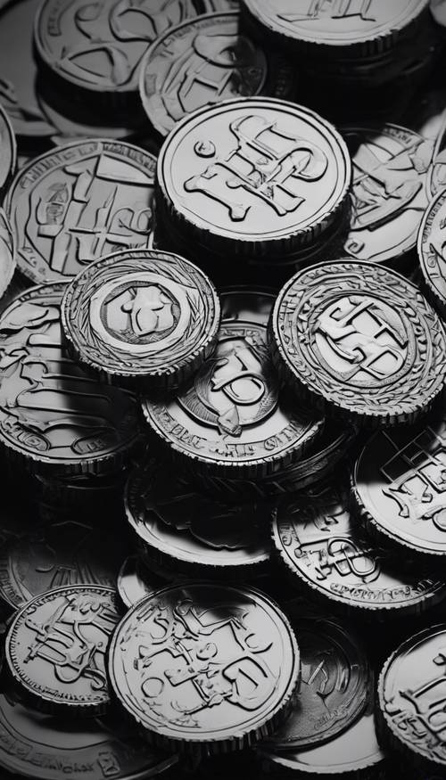 A pile of black coins stacked neatly on a reflective surface Tapeta [041ab12bd49d4795ba12]