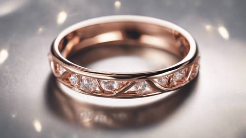 A close-up of a shiny, wing-designed rose gold ring on a ring display.