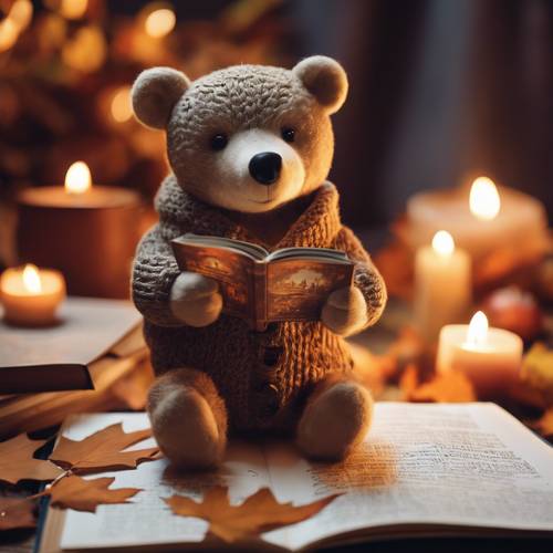 Oso con los ojos muy abiertos y un suéter, leyendo un libro de cuentos mágico a la luz de las velas, rodeado de hojas de otoño.