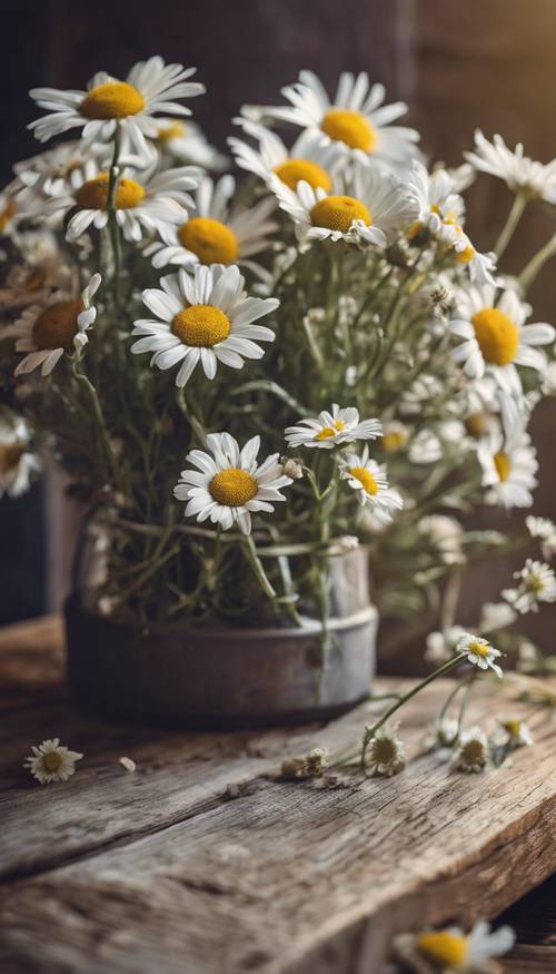 A bohemian style still life featuring a bouquet of daisies resting on a vintage wooden table.