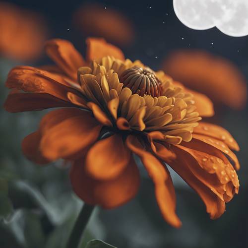 An orange zinnia gently swaying under the moonlit sky.