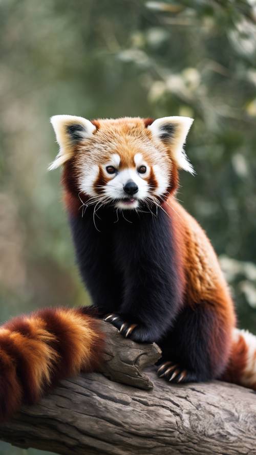 A Red Panda with a fluffy, striped tail curled in a cute manner.