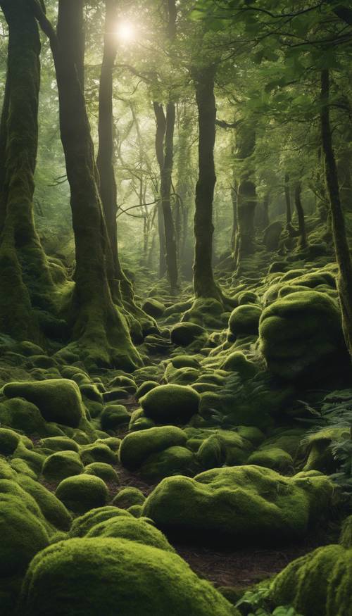 A lush, dark green forest brimming with towering trees and moss-covered rocks in early morning sunlight.