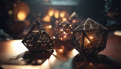 Tetrahedron, küp, sekizgen, onikigen ve ikosahedron gibi 3 boyutlu geometrik platonik katıların karanlık ve gölgeli bir ortamda tasvir edildiği yuva.