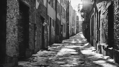 Una imagen monocromática de un callejón olvidado con una farola rota, las sombras de los edificios deletreando las palabras &quot;La depresión es sentirse distante, incluso cuando no estás solo&quot;.