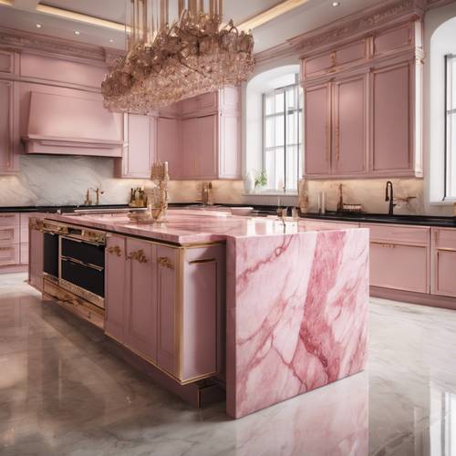 Pulau dapur marmer merah muda yang mewah di rumah desainer kelas atas.