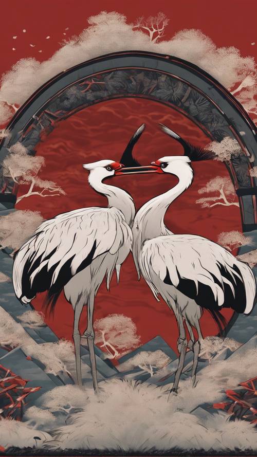 A stylised representation of samurai dueling on a red-crowned crane's back