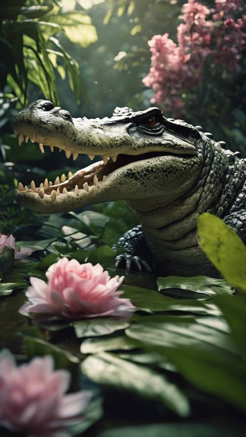 A dense jungle scene, with a hard-to-spot crocodile hiding among fierce blooms.