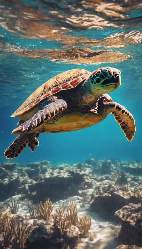 Uma tartaruga marinha iluminada pelo sol deslizando pacificamente sob a superfície do oceano, sua carapaça brilhando com um espectro de cores.
