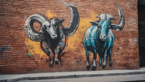 A Capricorn painted as street art on a brick wall in a busy city street.