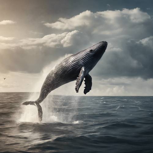 这是一幅大师级的工作室肖像画，描绘的是跃出水面的鲸鱼，象征着自由和无与伦比的力量。